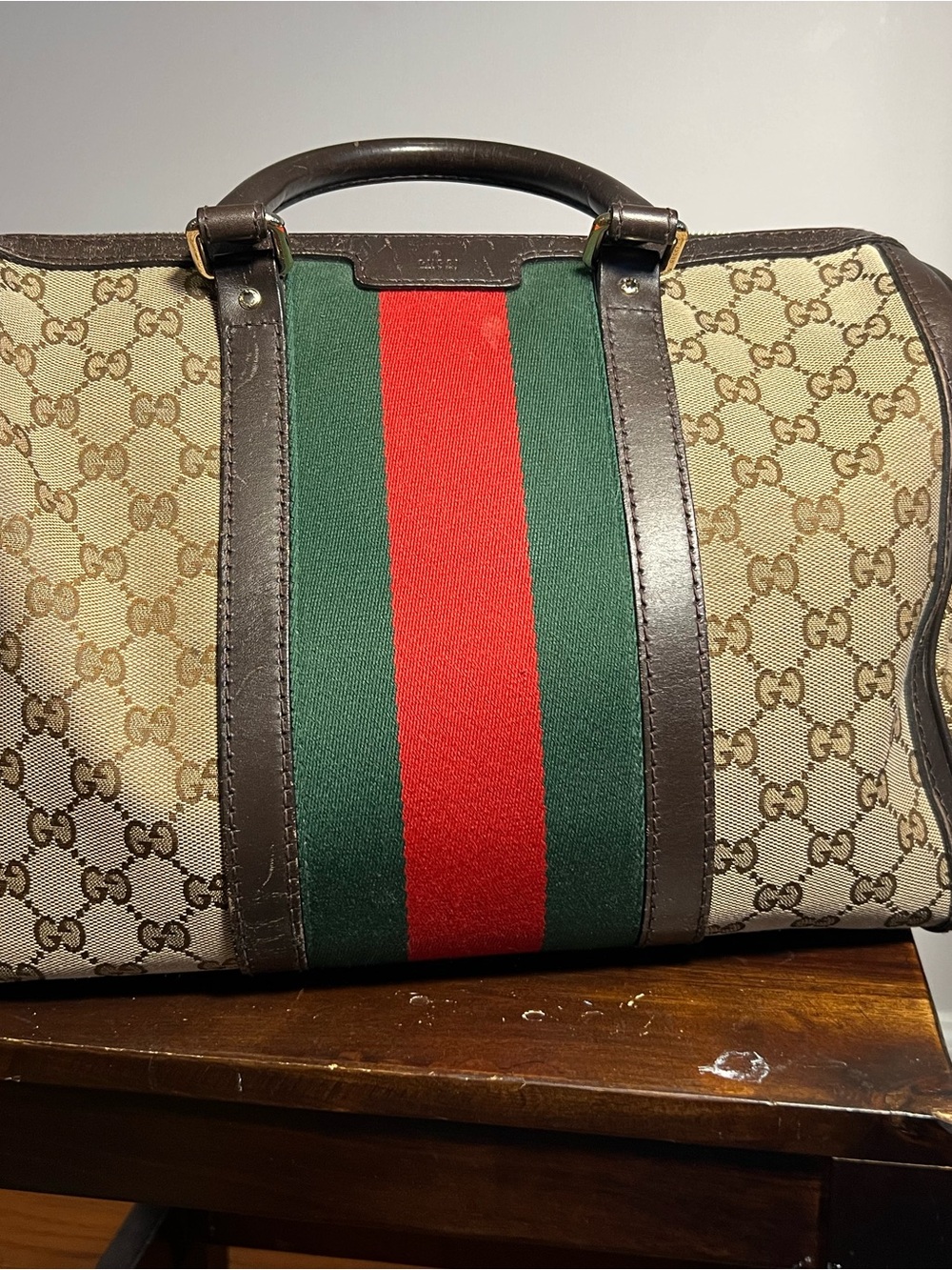 Gucci Beige Monogram Satchel with Green & Red Center Stripe